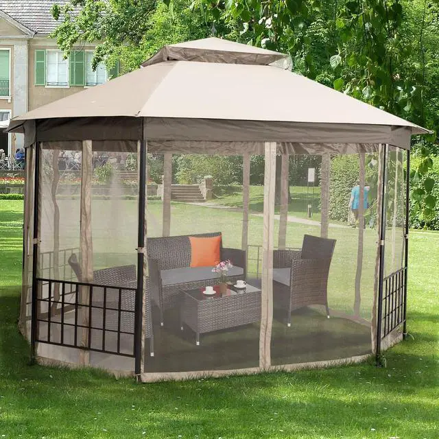 Alt view image 3 of 6 - 10 x 12 Ft Patio Gazebo, Heavy Duty Octagonal Canopy Gazebo w/Netting Sidewalls and Sturdy Steel Frame, Double Roof Vented Gazebo Canopy Shelter for Backyard Event Party BBQ (Beige)