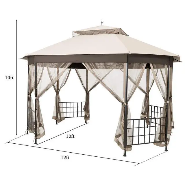 Alt view image 4 of 6 - 10 x 12 Ft Patio Gazebo, Heavy Duty Octagonal Canopy Gazebo w/Netting Sidewalls and Sturdy Steel Frame, Double Roof Vented Gazebo Canopy Shelter for Backyard Event Party BBQ (Beige)