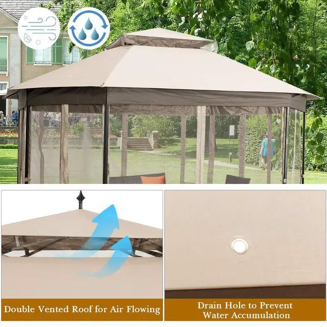 Alt view image 5 of 6 - 10 x 12 Ft Patio Gazebo, Heavy Duty Octagonal Canopy Gazebo w/Netting Sidewalls and Sturdy Steel Frame, Double Roof Vented Gazebo Canopy Shelter for Backyard Event Party BBQ (Beige)