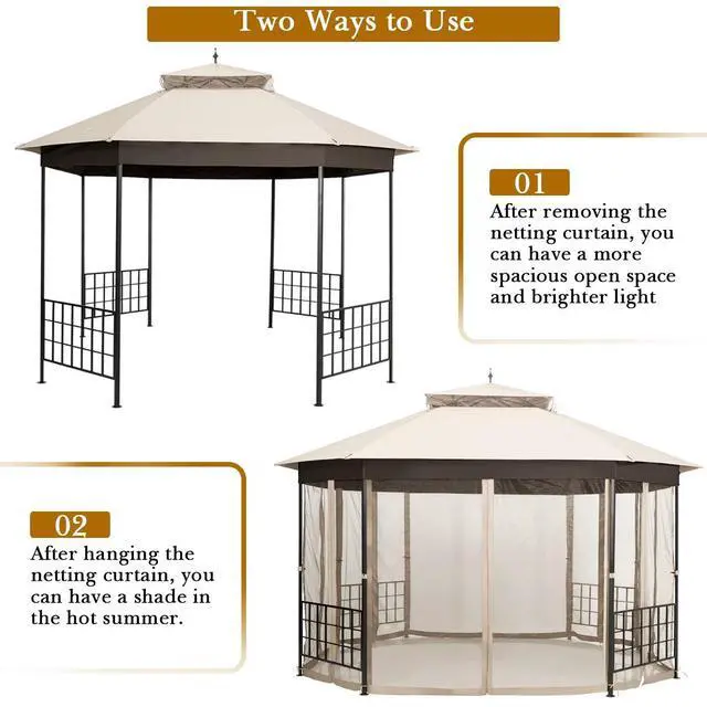Alt view image 6 of 6 - 10 x 12 Ft Patio Gazebo, Heavy Duty Octagonal Canopy Gazebo w/Netting Sidewalls and Sturdy Steel Frame, Double Roof Vented Gazebo Canopy Shelter for Backyard Event Party BBQ (Beige)
