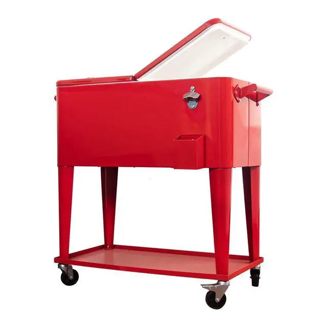 Alt view image 6 of 6 - 80 Quart Rolling Ice Chest Cooler Cart,for Outdoor Patio Deck Party Portable Party Bar Cold Drink Beverage Cart, Backyard Cooler Trolley on Wheels with Shelf, Bottle Opener