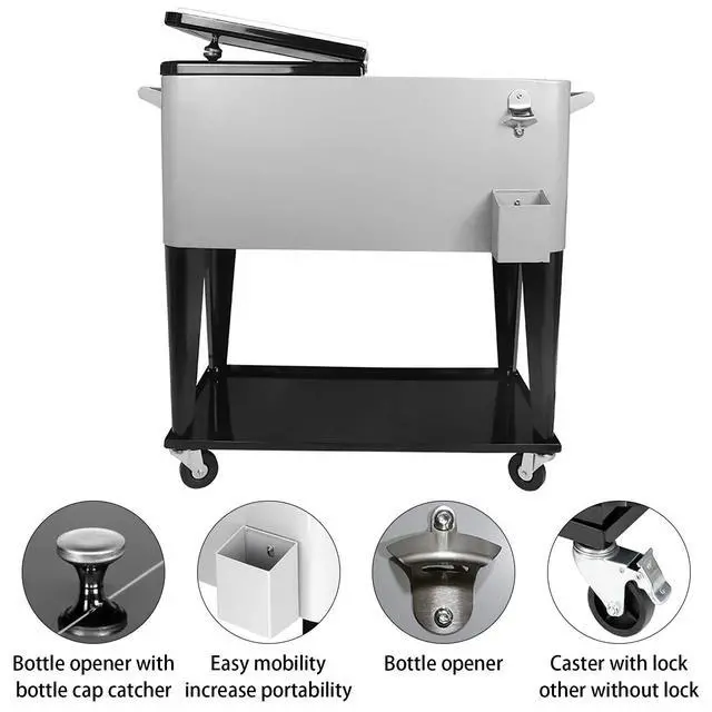 Alt view image 3 of 6 - 80 Quart Rolling Ice Chest Cooler Cart,for Outdoor Patio Deck Party Portable Party Bar Cold Drink Beverage Cart, Backyard Cooler Trolley on Wheels with Shelf, Bottle Opener