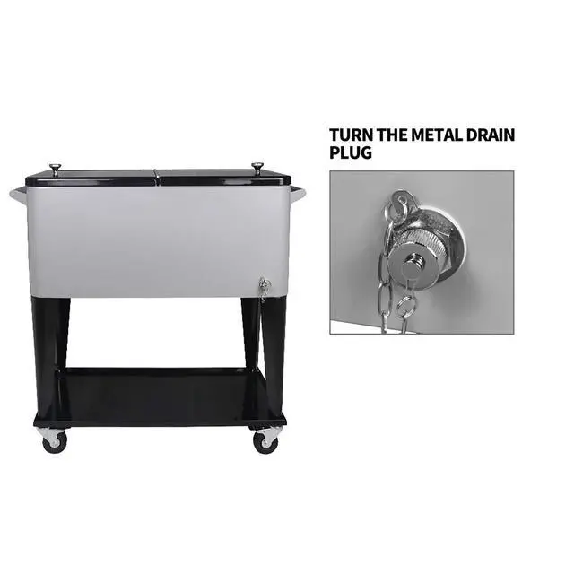 Alt view image 4 of 6 - 80 Quart Rolling Ice Chest Cooler Cart,for Outdoor Patio Deck Party Portable Party Bar Cold Drink Beverage Cart, Backyard Cooler Trolley on Wheels with Shelf, Bottle Opener
