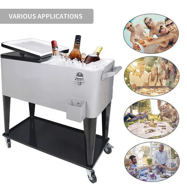 Alt view image 5 of 6 - 80 Quart Rolling Ice Chest Cooler Cart,for Outdoor Patio Deck Party Portable Party Bar Cold Drink Beverage Cart, Backyard Cooler Trolley on Wheels with Shelf, Bottle Opener