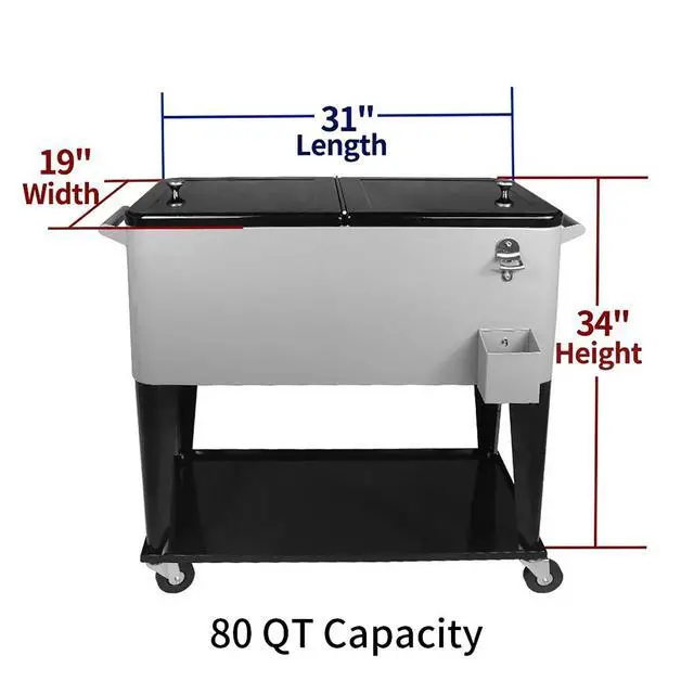 Alt view image 6 of 6 - 80 Quart Rolling Ice Chest Cooler Cart,for Outdoor Patio Deck Party Portable Party Bar Cold Drink Beverage Cart, Backyard Cooler Trolley on Wheels with Shelf, Bottle Opener
