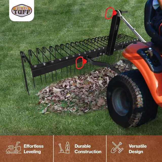 Alt view image 2 of 6 - Steel Spring Coil Tine Tow Behind Landscape Rake for Leaves, Pine Needles, Straw, and Grass with 3 Point Hitch Receiver Attachment, Black, 60 Inches