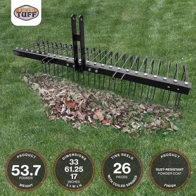 Alt view image 3 of 6 - Steel Spring Coil Tine Tow Behind Landscape Rake for Leaves, Pine Needles, Straw, and Grass with 3 Point Hitch Receiver Attachment, Black, 60 Inches