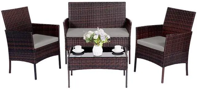 Main image of Patio Furniture Set 4 Pieces, Outdoor Rattan Furniture with Tempered Glass Coffee Table, Modern Rattan Patio Chairs Conversation Sets with Sofa for Garden, Terrace, Porch, Lawns Brown/Grey