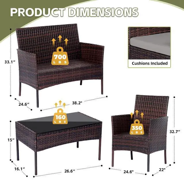 Alt view image 2 of 6 - Patio Furniture Set 4 Pieces, Outdoor Rattan Furniture with Tempered Glass Coffee Table, Modern Rattan Patio Chairs Conversation Sets with Sofa for Garden, Terrace, Porch, Lawns Brown/Grey