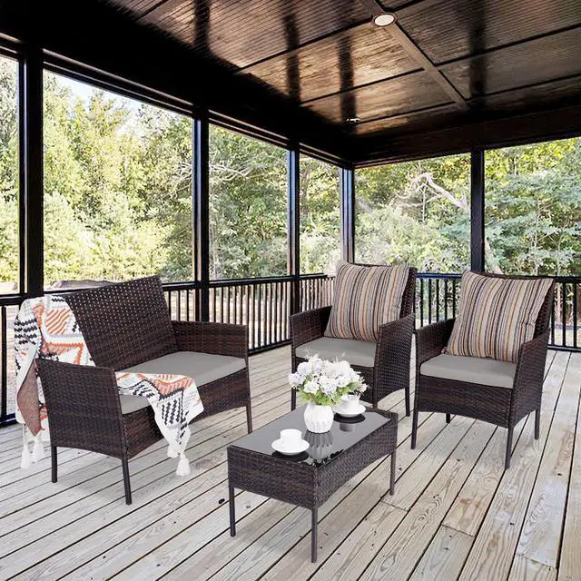 Alt view image 3 of 6 - Patio Furniture Set 4 Pieces, Outdoor Rattan Furniture with Tempered Glass Coffee Table, Modern Rattan Patio Chairs Conversation Sets with Sofa for Garden, Terrace, Porch, Lawns Brown/Grey