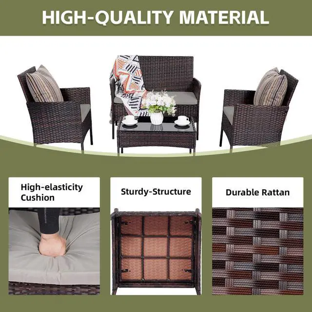 Alt view image 5 of 6 - Patio Furniture Set 4 Pieces, Outdoor Rattan Furniture with Tempered Glass Coffee Table, Modern Rattan Patio Chairs Conversation Sets with Sofa for Garden, Terrace, Porch, Lawns Brown/Grey