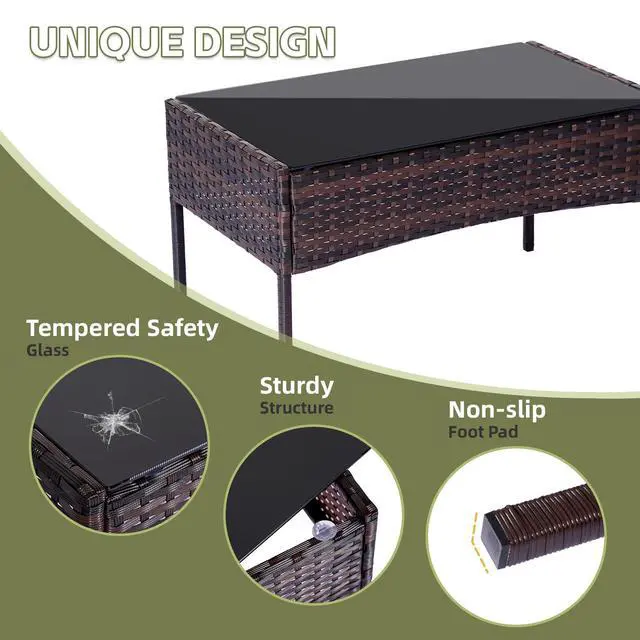 Alt view image 6 of 6 - Patio Furniture Set 4 Pieces, Outdoor Rattan Furniture with Tempered Glass Coffee Table, Modern Rattan Patio Chairs Conversation Sets with Sofa for Garden, Terrace, Porch, Lawns Brown/Grey
