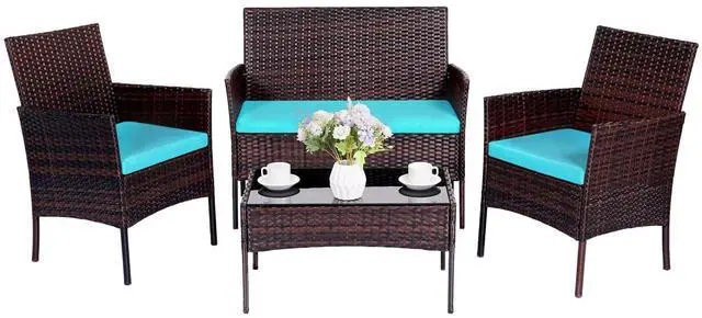 Main image of Patio Furniture Set 4 Pieces, Outdoor Rattan Furniture with Tempered Glass Coffee Table, Modern Rattan Patio Chairs Conversation Sets with Sofa for Garden, Terrace, Porch, Lawns Brown/Blue