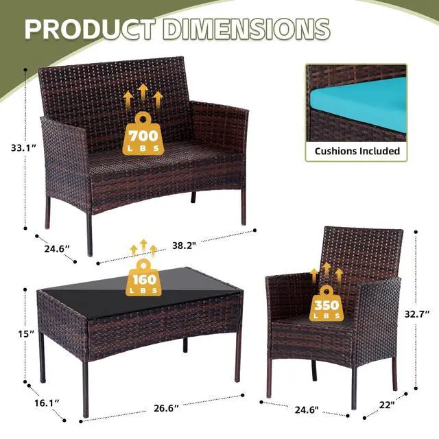 Alt view image 2 of 6 - Patio Furniture Set 4 Pieces, Outdoor Rattan Furniture with Tempered Glass Coffee Table, Modern Rattan Patio Chairs Conversation Sets with Sofa for Garden, Terrace, Porch, Lawns Brown/Blue