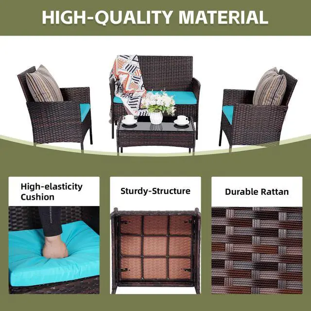 Alt view image 3 of 6 - Patio Furniture Set 4 Pieces, Outdoor Rattan Furniture with Tempered Glass Coffee Table, Modern Rattan Patio Chairs Conversation Sets with Sofa for Garden, Terrace, Porch, Lawns Brown/Blue