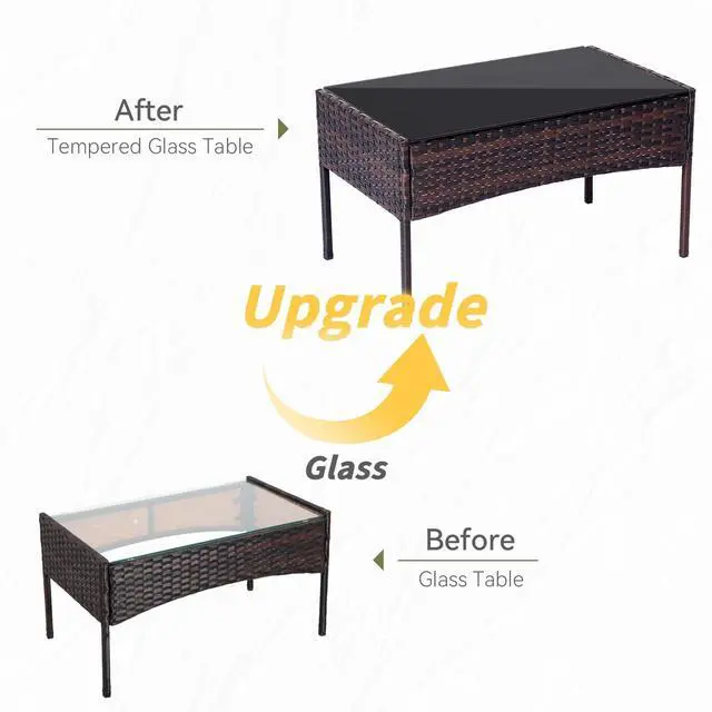 Alt view image 4 of 6 - Patio Furniture Set 4 Pieces, Outdoor Rattan Furniture with Tempered Glass Coffee Table, Modern Rattan Patio Chairs Conversation Sets with Sofa for Garden, Terrace, Porch, Lawns Brown/Blue