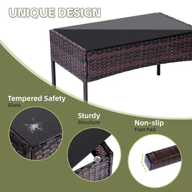 Alt view image 5 of 6 - Patio Furniture Set 4 Pieces, Outdoor Rattan Furniture with Tempered Glass Coffee Table, Modern Rattan Patio Chairs Conversation Sets with Sofa for Garden, Terrace, Porch, Lawns Brown/Blue