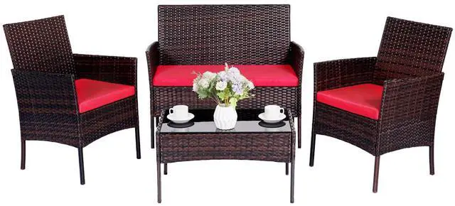 Main image of Patio Furniture Set 4 Pieces, Outdoor Rattan Furniture with Tempered Glass Coffee Table, Modern Rattan Patio Chairs Conversation Sets with Sofa for Garden, Terrace, Porch, Lawns Brown/Red
