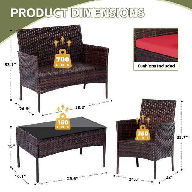Alt view image 2 of 6 - Patio Furniture Set 4 Pieces, Outdoor Rattan Furniture with Tempered Glass Coffee Table, Modern Rattan Patio Chairs Conversation Sets with Sofa for Garden, Terrace, Porch, Lawns Brown/Red