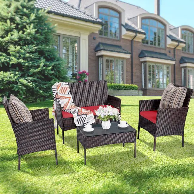 Alt view image 3 of 6 - Patio Furniture Set 4 Pieces, Outdoor Rattan Furniture with Tempered Glass Coffee Table, Modern Rattan Patio Chairs Conversation Sets with Sofa for Garden, Terrace, Porch, Lawns Brown/Red