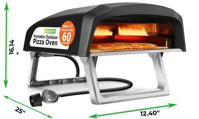 Alt view image 3 of 6 - Portable Outdoor Gas Pizza Oven - Includes Foldable Feet, Adjustable Heat Control Dial, Burner, Stone & Regulator Hose - Cooks 12" Pizza in 60 Seconds - 25.24'' x 16.14'' x 12.40'' IN