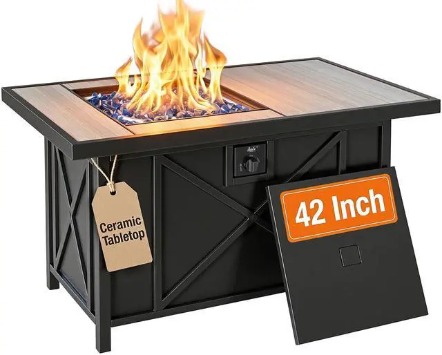 Main image of 42 inch 50,000 BTU Rectangular Propane Gas Fire Pit Table with Fire Glass and Table Lid, Fire Pits Outdoor for Garden, Patio, Backyard