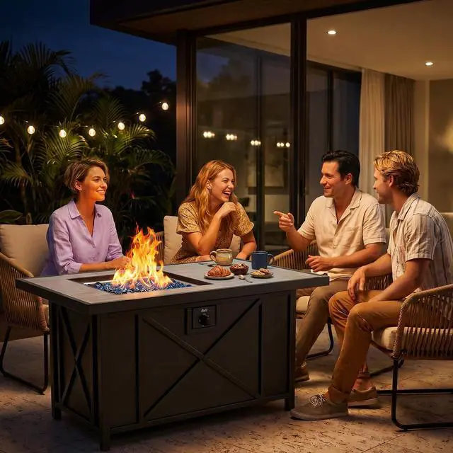Alt view image 2 of 6 - 42 inch 50,000 BTU Rectangular Propane Gas Fire Pit Table with Fire Glass and Table Lid, Fire Pits Outdoor for Garden, Patio, Backyard