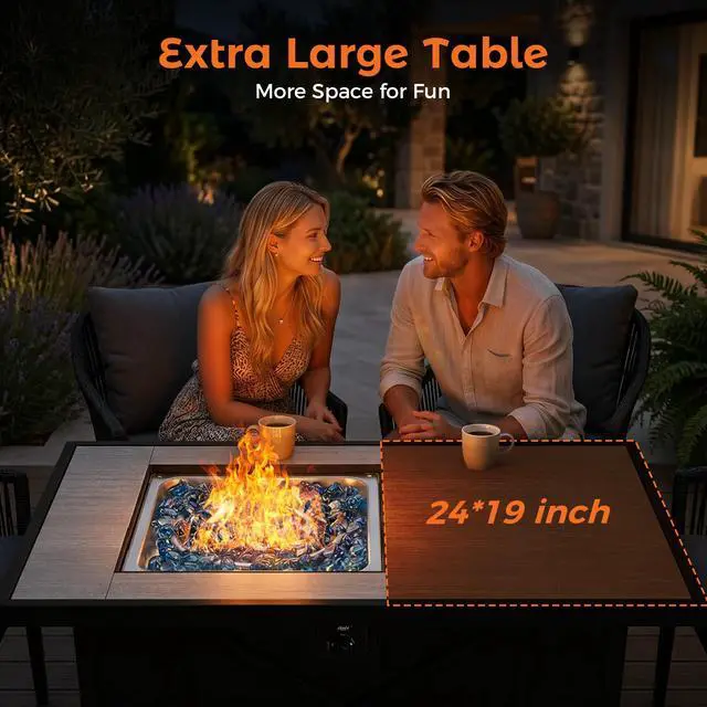Alt view image 6 of 6 - 42 inch 50,000 BTU Rectangular Propane Gas Fire Pit Table with Fire Glass and Table Lid, Fire Pits Outdoor for Garden, Patio, Backyard