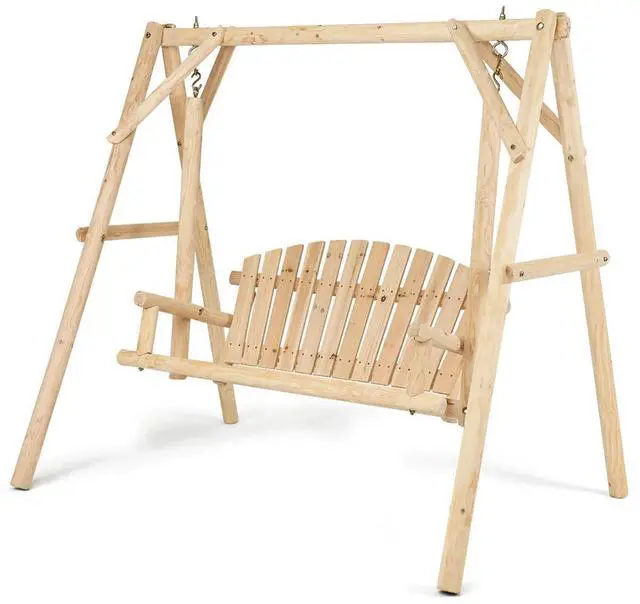 Main image of A-Frame Wood Log Swing Bench, Outdoor Rustic Curved Back Swing Chair for Patio Garden Yard