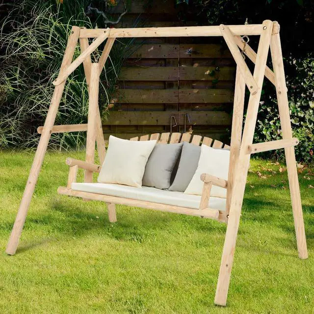 Alt view image 2 of 6 - A-Frame Wood Log Swing Bench, Outdoor Rustic Curved Back Swing Chair for Patio Garden Yard