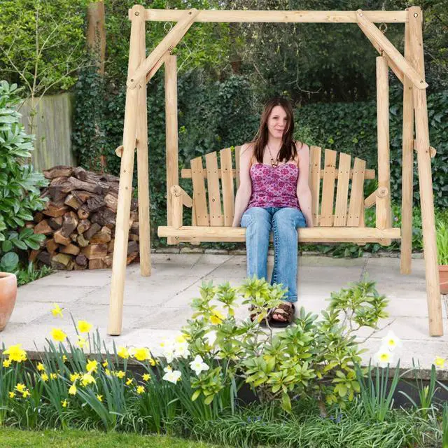 Alt view image 3 of 6 - A-Frame Wood Log Swing Bench, Outdoor Rustic Curved Back Swing Chair for Patio Garden Yard