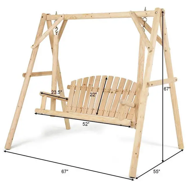 Alt view image 4 of 6 - A-Frame Wood Log Swing Bench, Outdoor Rustic Curved Back Swing Chair for Patio Garden Yard