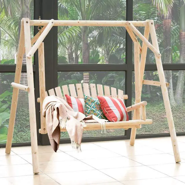 Alt view image 5 of 6 - A-Frame Wood Log Swing Bench, Outdoor Rustic Curved Back Swing Chair for Patio Garden Yard