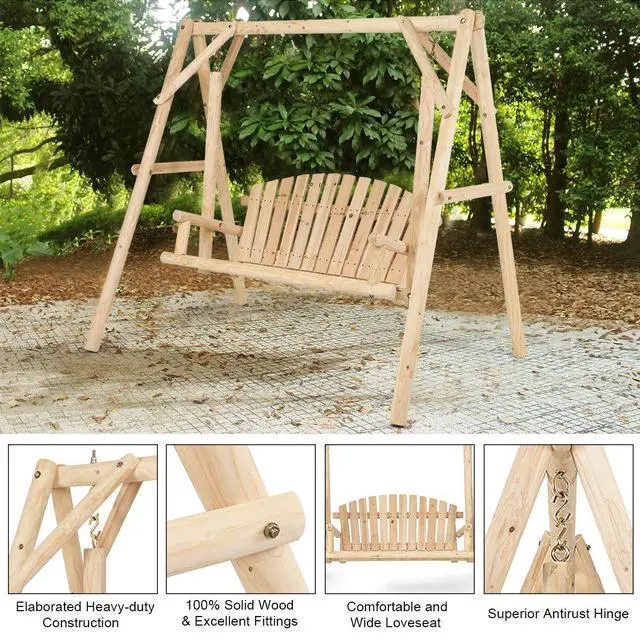 Alt view image 6 of 6 - A-Frame Wood Log Swing Bench, Outdoor Rustic Curved Back Swing Chair for Patio Garden Yard
