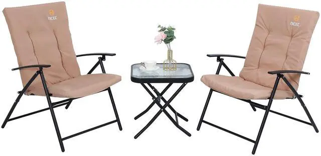 Main image of Patio Table and Chairs Set, Bistro Outdoor Table and Chairs, Bistro Set of 2, Garden Furniture Table Set, Glass Table and 2 Folding Chairs (Khaki-3 Piece)