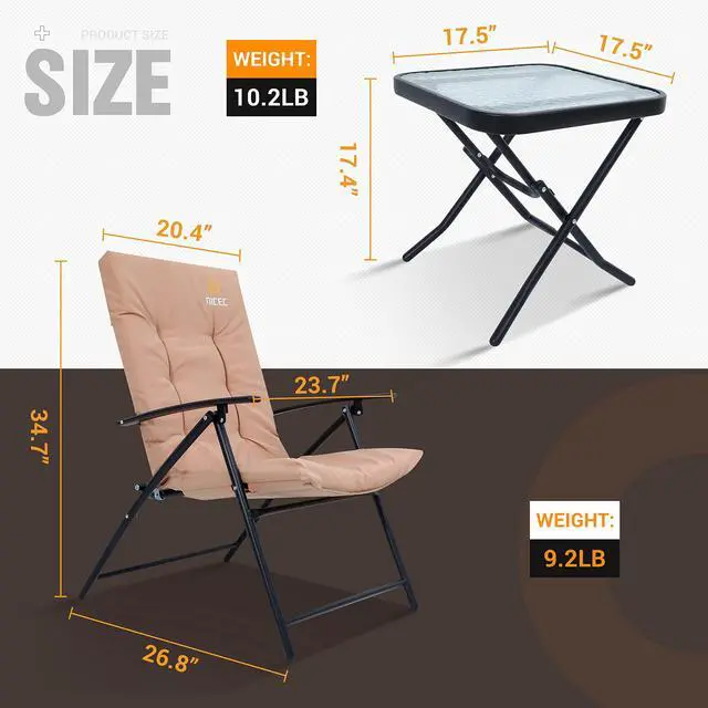 Alt view image 5 of 5 - Patio Table and Chairs Set, Bistro Outdoor Table and Chairs, Bistro Set of 2, Garden Furniture Table Set, Glass Table and 2 Folding Chairs (Khaki-3 Piece)