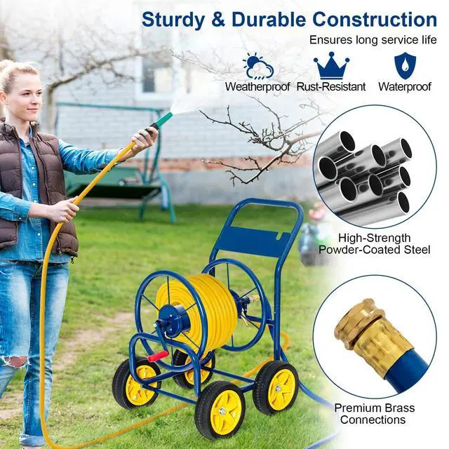 Alt view image 2 of 6 - Garden Hose Reel Cart, Outdoor Water Hose Cart with 4 Large Rubber Wheels, Heavy-Duty Yard Water Planting Holds 330 FT of 3/4 or 5/8", or 400 FT of 1/2 Hose for Garden Lawn Farm (Navy)