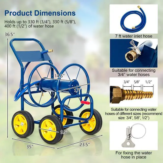 Alt view image 3 of 6 - Garden Hose Reel Cart, Outdoor Water Hose Cart with 4 Large Rubber Wheels, Heavy-Duty Yard Water Planting Holds 330 FT of 3/4 or 5/8", or 400 FT of 1/2 Hose for Garden Lawn Farm (Navy)