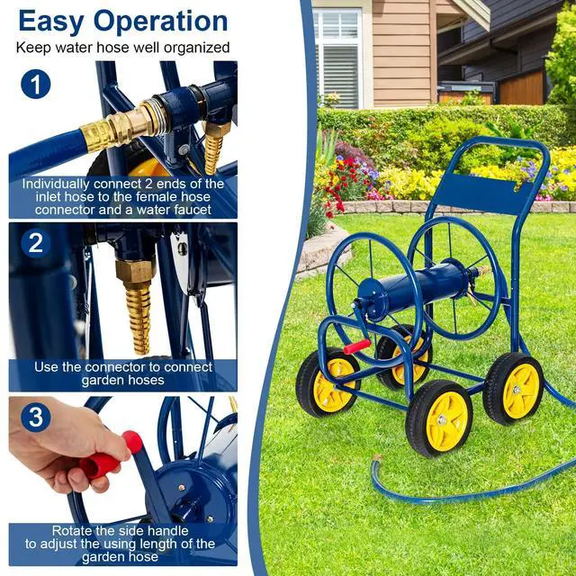 Alt view image 4 of 6 - Garden Hose Reel Cart, Outdoor Water Hose Cart with 4 Large Rubber Wheels, Heavy-Duty Yard Water Planting Holds 330 FT of 3/4 or 5/8", or 400 FT of 1/2 Hose for Garden Lawn Farm (Navy)