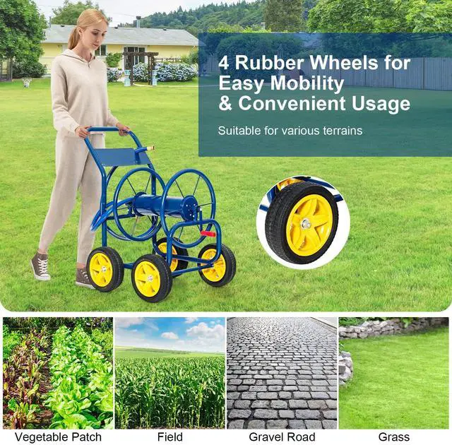 Alt view image 6 of 6 - Garden Hose Reel Cart, Outdoor Water Hose Cart with 4 Large Rubber Wheels, Heavy-Duty Yard Water Planting Holds 330 FT of 3/4 or 5/8", or 400 FT of 1/2 Hose for Garden Lawn Farm (Navy)
