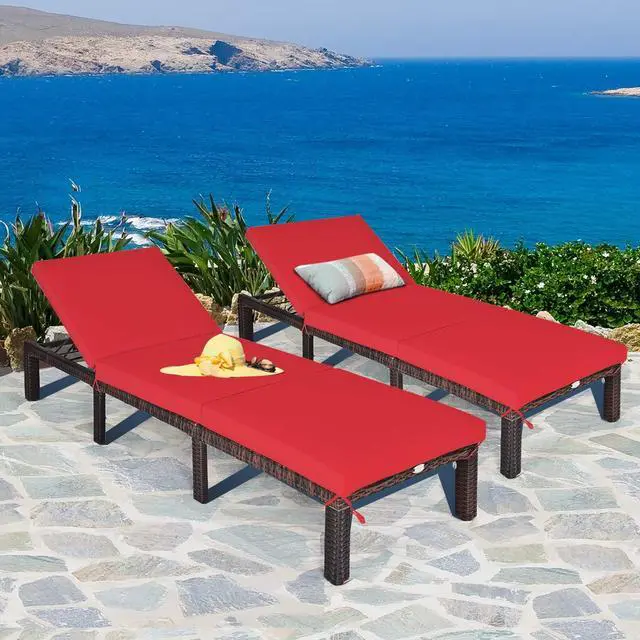 Alt view image 2 of 6 - Rattan Wicker Chaise Lounge Chair, Outdoor Patio Lounger Recliner Chair w/Adjustable Backrest, Heavy-Duty Reclining Chair Sunbed with Thick Zippered Cushion for Garden Yard Patio (2, Red)