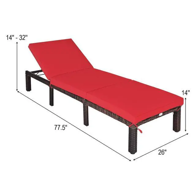 Alt view image 3 of 6 - Rattan Wicker Chaise Lounge Chair, Outdoor Patio Lounger Recliner Chair w/Adjustable Backrest, Heavy-Duty Reclining Chair Sunbed with Thick Zippered Cushion for Garden Yard Patio (2, Red)