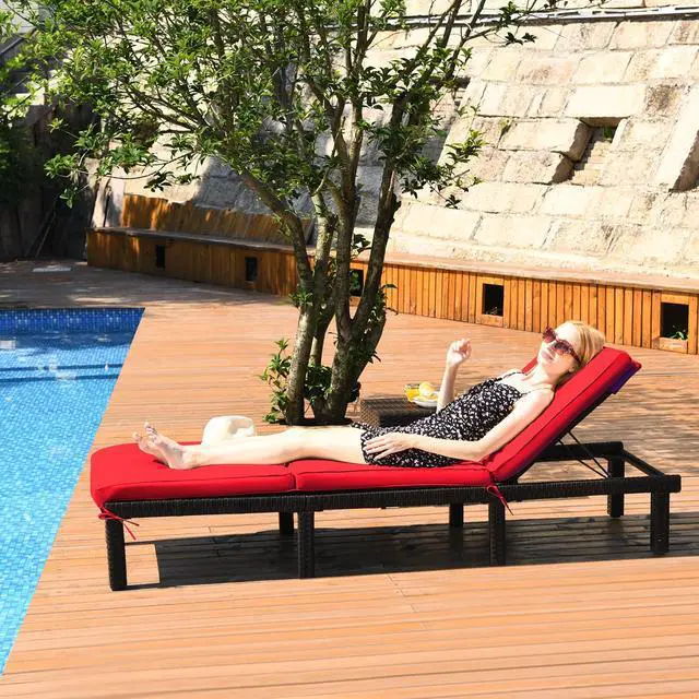 Alt view image 4 of 6 - Rattan Wicker Chaise Lounge Chair, Outdoor Patio Lounger Recliner Chair w/Adjustable Backrest, Heavy-Duty Reclining Chair Sunbed with Thick Zippered Cushion for Garden Yard Patio (2, Red)