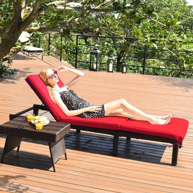 Alt view image 5 of 6 - Rattan Wicker Chaise Lounge Chair, Outdoor Patio Lounger Recliner Chair w/Adjustable Backrest, Heavy-Duty Reclining Chair Sunbed with Thick Zippered Cushion for Garden Yard Patio (2, Red)