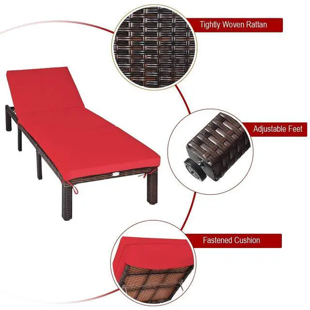 Alt view image 6 of 6 - Rattan Wicker Chaise Lounge Chair, Outdoor Patio Lounger Recliner Chair w/Adjustable Backrest, Heavy-Duty Reclining Chair Sunbed with Thick Zippered Cushion for Garden Yard Patio (2, Red)