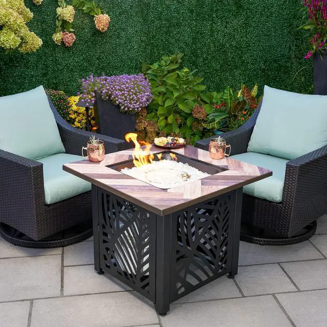 Alt view image 2 of 6 - Darby, 30" Square Outdoor Propane Fire Pit Table | UV Printed, 50,000 BTU, Faux Wood Mantel and Stamped Steel Base
