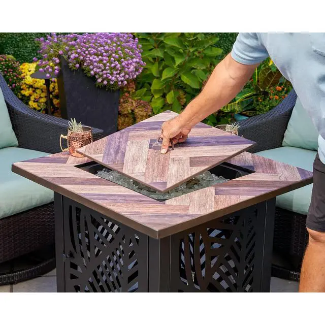 Alt view image 3 of 6 - Darby, 30" Square Outdoor Propane Fire Pit Table | UV Printed, 50,000 BTU, Faux Wood Mantel and Stamped Steel Base