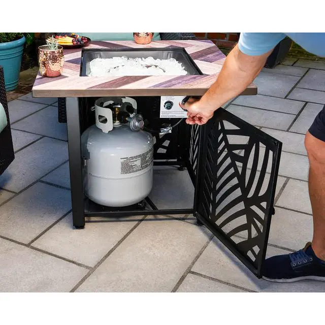 Alt view image 4 of 6 - Darby, 30" Square Outdoor Propane Fire Pit Table | UV Printed, 50,000 BTU, Faux Wood Mantel and Stamped Steel Base
