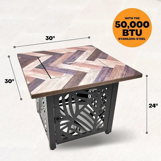 Alt view image 6 of 6 - Darby, 30" Square Outdoor Propane Fire Pit Table | UV Printed, 50,000 BTU, Faux Wood Mantel and Stamped Steel Base