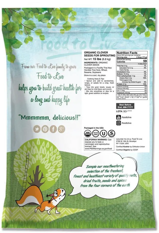 Alt view image 2 of 6 - Organic Clover Seeds for Sprouting, 15 Pounds Non-GMO, Pure, Vegan, Kosher, Bulk. Edible Seeds. Rich in Vitamins, Minerals, Fiber. Great for Growing Sprouts, Microgreens. High Germitation Rate